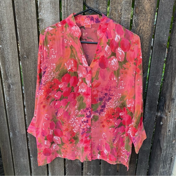 Tianello Taipei 100% Rayon Mandarin Collar Button Down Blouse Pink & Red Sz XS - Picture 8 of 11